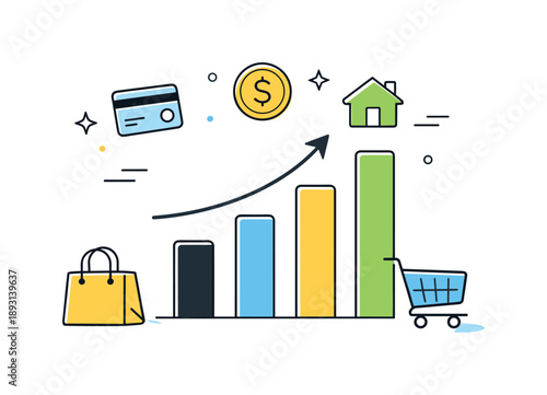 Optimistic Market Growth. Consumer confidence ? market optimism. Simple abstract scene of rising bars and shopping icons, symbolizing economic trust and