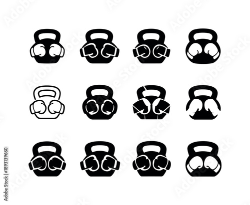 Boxing Fitness Logos. Boxing fitness workouts. Icon set. Set Logo of boxing fitness workouts: kettlebell for conditioning. harmonious logo variations of the