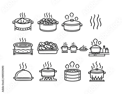 Seafood Steaming Icons. Seafood Steaming. Line icon set of Seafood Steaming: fish in steamer pot, mixed seafood steam, lid closed pot, steam vapor lines, rack