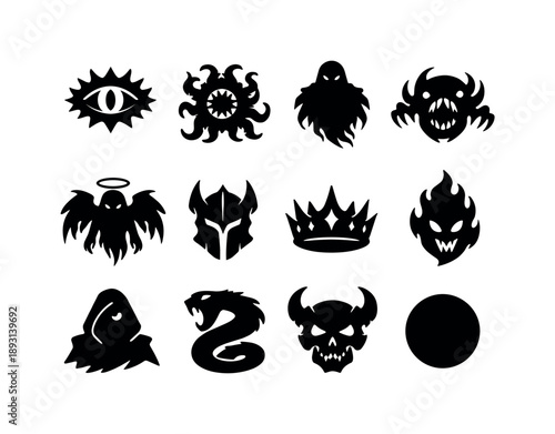 Abyssal Icon Set. Abyss Beings. Solid icon set of Abyss Beings: abyss eye, tentacle creature, deep shadow figure, void monster, corrupted angel, dark knight