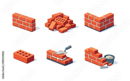 Colorful Brick Icons. Construction bricks. Isometric flat vector icons set of construction bricks: brick wall section, pile of bricks, brick wall with joint