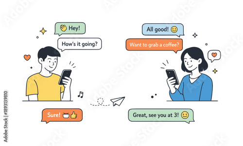Friendly Digital Chat. Friendly digital chat. Two characters exchange messages and reactions on mobile devices, suggesting everyday online communication. The