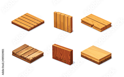 Wood Panel Icons. Wood Panels. Isometric flat vector icons set of Wood Panels: horizontal slatted panel, vertical board panel, tongue and groove panel,