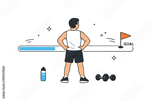 Fitness Journey Beginnings. Fitness motivation concept. A character looking at a progress bar or goal marker, ready to start a workout. Quiet determined mood