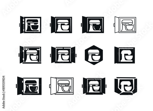 Appliance Storage Logos. Storing large kitchen appliances in cabinets. Icon set. Set Logo of Storing large kitchen appliances in cabinets: stand mixer stored
