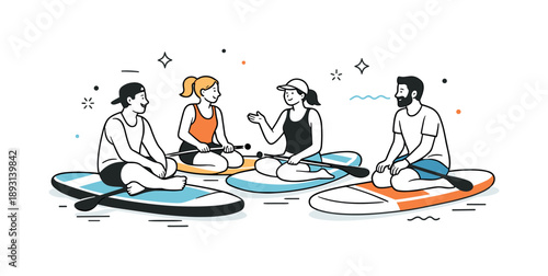 Paddleboard Break Chat. Group paddleboarding rest moment. Paddleboarders pausing and chatting while sitting or kneeling on boards. Relaxed break and friendly