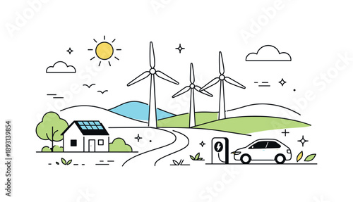 Sustainable Countryside Vision. Clean energy future. A minimalist countryside scene with wind turbines and open space, emphasizing sustainability. Calm and