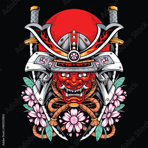 Oni Samurai Mask with Katana and Cherry Blossoms
Traditional Japanese Demon Samurai Tattoo Art
Samurai Helmet Oni Mask with Sakura and Red Sun