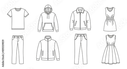 Collection of Fashion Clothing Sketches Isolated on White Background.