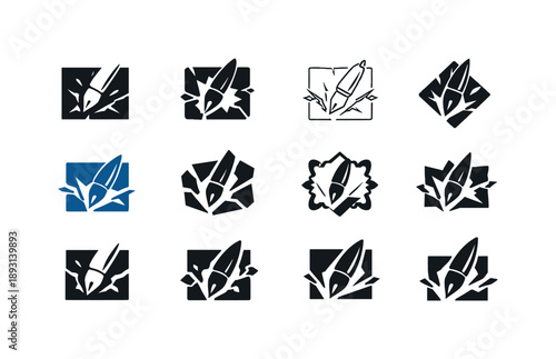 Tradition Redefined Icons. Rewriting traditions. Icon set. Set Logo of Rewriting traditions: symbolic pen breaking through old frame. harmonious logo