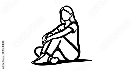 Woman sitting cross legged on the floor line art illustration.