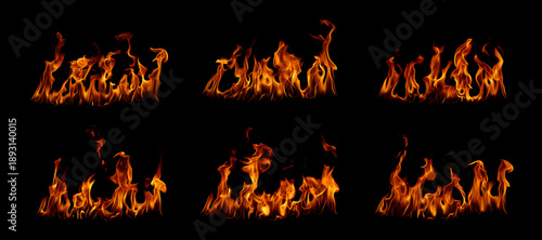 Set of realistic burning fire flames isolated on black background, showing multiple flame variations for fire effect, design elements, overlay, banner, and dramatic visual composition.