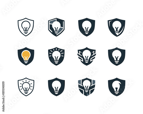 Shielded Ideas Logos. Defending an idea or belief with determination. Icon set. Set Logo of defending an idea or belief with determination: shield with