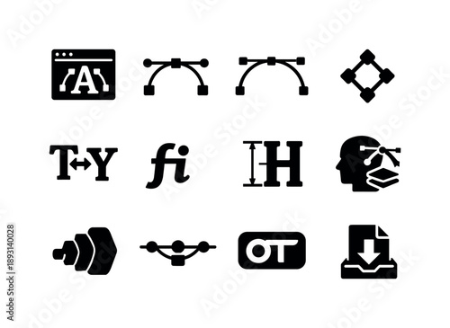Advanced Type Design Icons. Advanced type design. Solid icon set of advanced type design: glyph editor, vector handles, bezier curve, anchor points, kerning