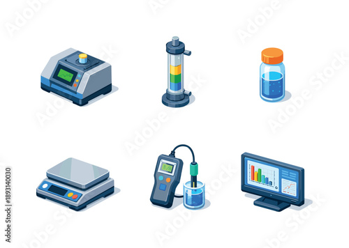 Analytical Chemistry Icons. Analytical chemistry. Isometric flat vector icons set of analytical chemistry: spectrometer device, chromatography column, sample