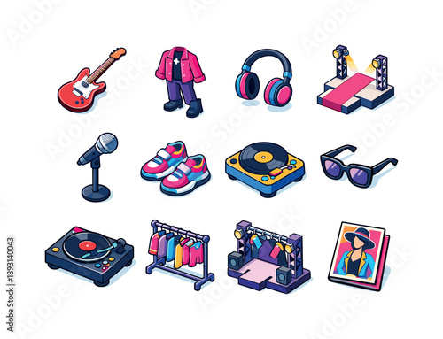 Music-Fashion Icon Fusion. Music and fashion fusion. Colorful isometric vector icons set of Music and fashion fusion: electric guitar, stylish