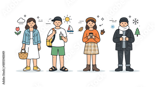 Seasonal Wardrobe Showcase. Seasonal wardrobe concept. Four simplified outfits are displayed side by side, each representing a different season. Variety,