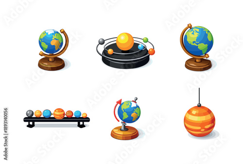 Planet Display Icons. Planet Display. Isometric flat vector icons set of Planet Display: desktop planet stand, orbit model base, mounted globe, classroom
