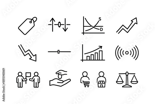 Price Mechanism Icons. Price Mechanism. Line icon set of Price Mechanism: price tag, adjustment arrows, supply demand graph, rising price arrow, falling price