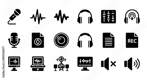 Audio Recording and Sound Production Tools Icon Set