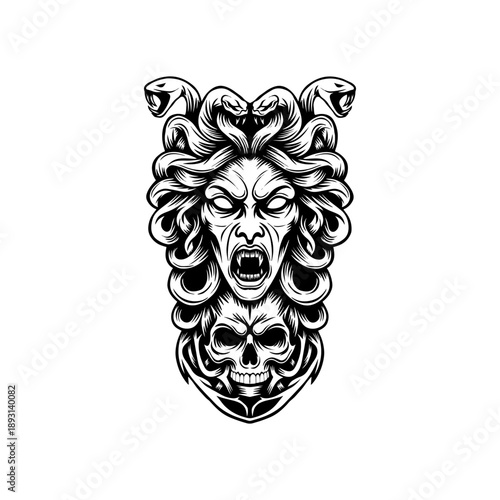 Medusa Skull Tattoo Illustration in Bold Black and White Style
Gorgon Medusa Head Tattoo Art with Skull and Snakes
Dark Mythology Medusa Skull Tattoo Illustration