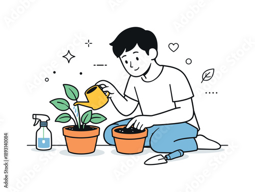 Mindful Plant Care. Plant health tips. A person gently watering a houseplant with a small watering can, checking the soil with calm focus. The scene shows