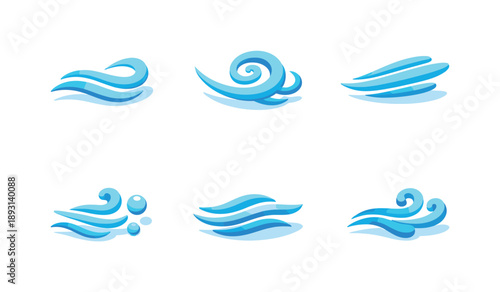 Colorful Breeze Icons. Breeze. Isometric flat vector icons set of breeze: light wind curve, airy swirl line, soft airflow trail, floating wind stroke, subtle