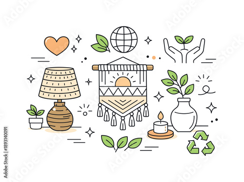 Eco-friendly Home Decor. Artisanal home decor items sustainable living. A conceptual scene with eco-friendly handcrafted decor highlighted by leaf icons and