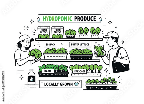 Hydroponic Greens Display. Hydroponic produce market. Fresh leafy greens grown with hydroponics are neatly displayed on market shelves. Clean agriculture,