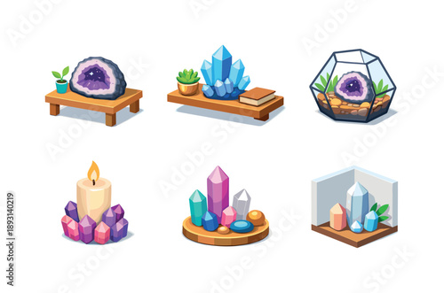 Natural Decor Icons. Natural Decor. Isometric flat vector icons set of Natural Decor: geode on desk, crystal on shelf, terrarium with geode, candle with