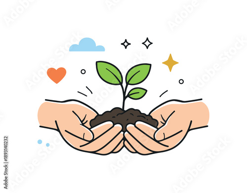 Hopeful Hands. Hope and renewal illustration. Hands gently holding a small growing plant, centered in a clean composition. Care, trust in the future, and calm