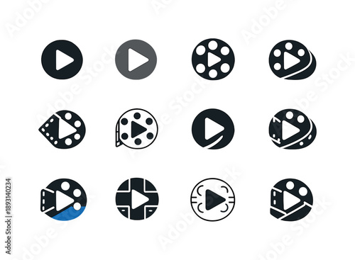 Film Reel Logos. Movie reel. Icon set. Set Logo of movie reel: film reel with play triangle. harmonious logo variations of the same emblematic concept, each