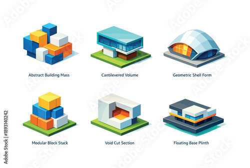 Colorful Architecture Icons. Concept Architecture. Isometric flat vector icons set of Concept Architecture: abstract building mass, cantilevered volume,