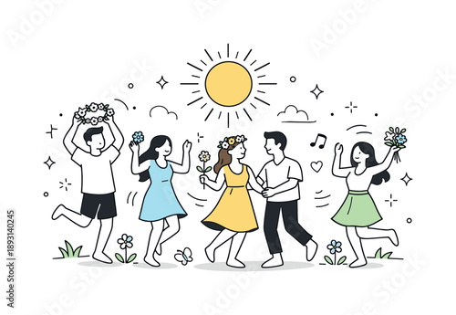 Solstice Dance Celebration. Midsummer solstice festival. Friends dance and hold flowers under a bright sun, celebrating nature and seasonal renewal. The mood