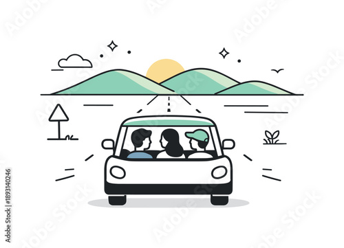 Journey with Friends. Journey together. A simple car scene with friends driving toward distant hills. Sense of direction, optimism, and shared path forward.