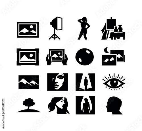 Black Icon Photography. Fine art photography. Solid icon set of Fine art photography: fine print photo, studio light, posing model, artistic setup, gallery