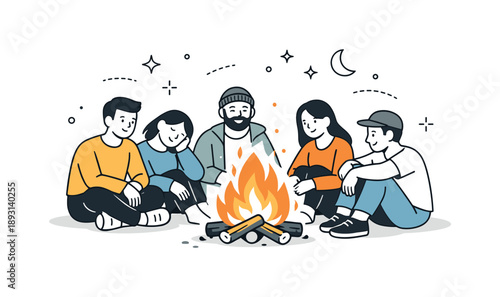 Bonfire Dance Connection. Group dancing around bonfire moment. Group slowing down and enjoying the warmth of the fire together. Sense of calm, connection, and