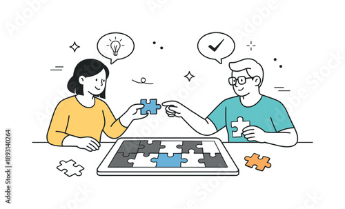 Collaborative Puzzle Team. Puzzle collaboration. Two people working together on a shared puzzle board, exchanging pieces and ideas. Calm teamwork and