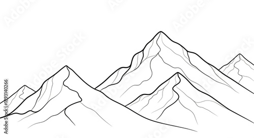 Hand drawn sketch of majestic mountain peaks against a white background.