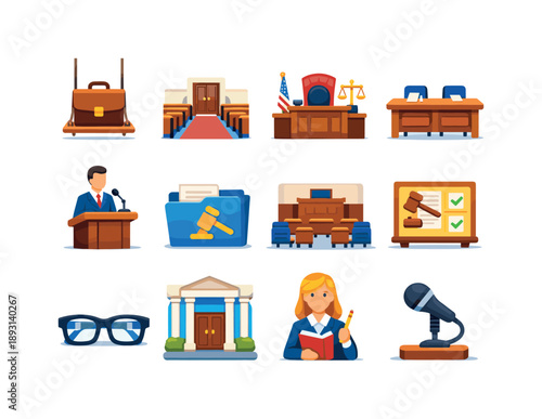 Colorful Courtroom Icons. Inside court. Colorful flat vector icons set of inside court: briefcase swing, legal aisle, judge bench view, courtroom table,