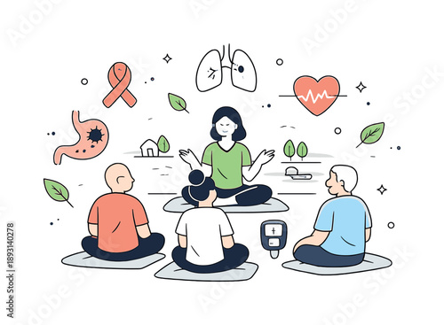 Healing Serenity Retreat. Health retreats focused on specific diseases. Patients participating in a guided wellness session at a serene retreat, with soft