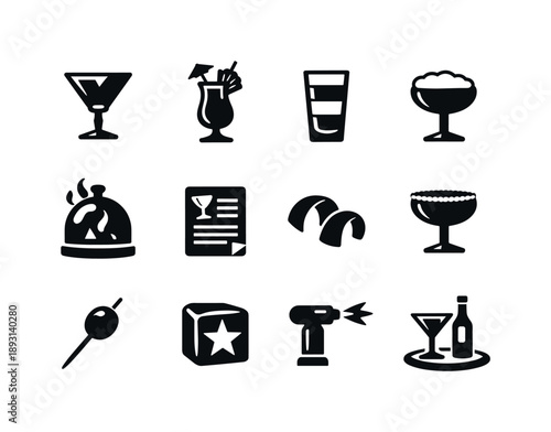 Signature Drinks Icons. Signature Drinks. Solid icon set of Signature Drinks: unique cocktail glass, custom garnish, layered cocktail, foam topping, smoked