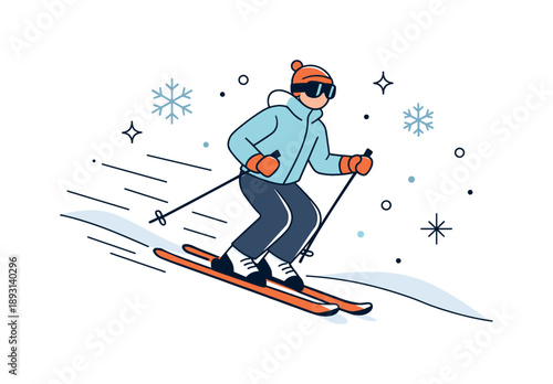 Skiing Adventure Art. Winter sports (skiing, snowboarding). A skier gliding down a snow-covered slope with gentle motion lines and abstract snowflakes floating