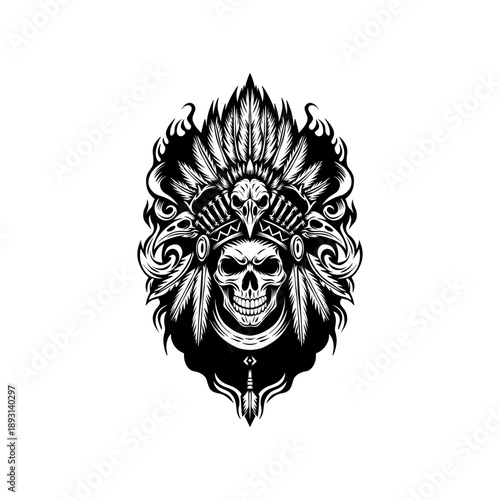 Tribal Skull Tattoo Illustration with Feather Headdress in Black and White
Gothic Tattoo Art Design of Skull with Tribal Feather Ornament
Bold Black and White Skull Headdress Tattoo Illustration in Tr