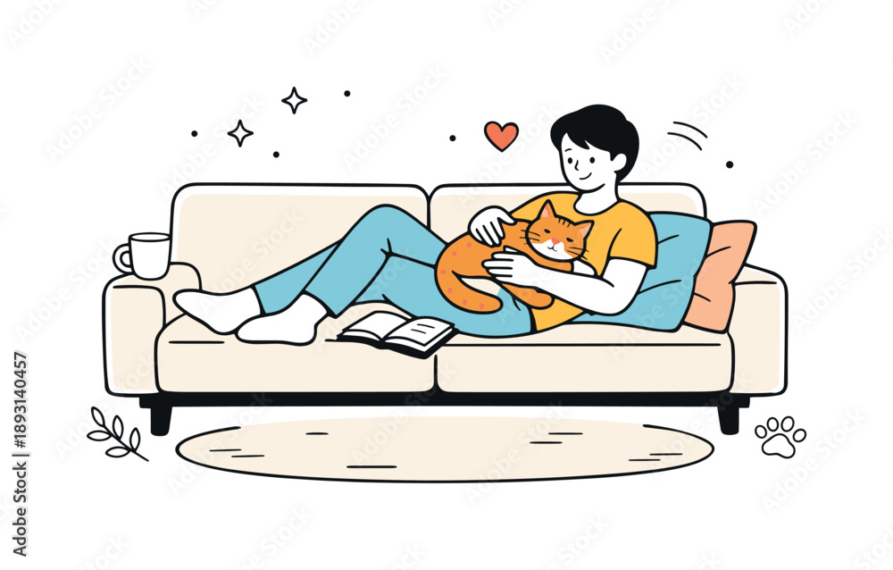 Fototapeta premium Cozy Sofa Scene. Home comfort lifestyle illustration. Minimal sofa scene with a person lounging with a pet and soft pillows, creating a peaceful and relaxed