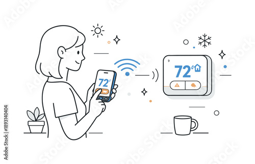 Smart Thermostat Control. Smart thermostat control. A homeowner using a smartphone to manage home temperature, wireless connection between phone and