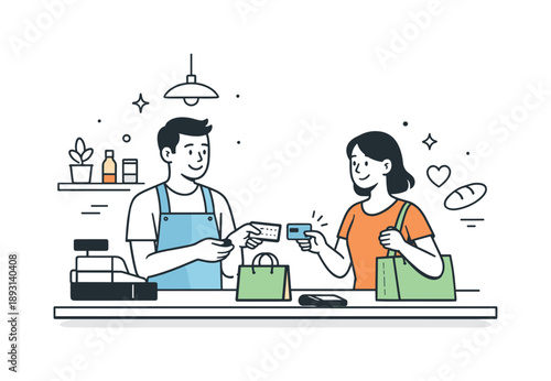 Friendly Shop Interaction. Running a small business. A shop owner stands behind a counter, interacting with a customer and handling a simple transaction. Warm