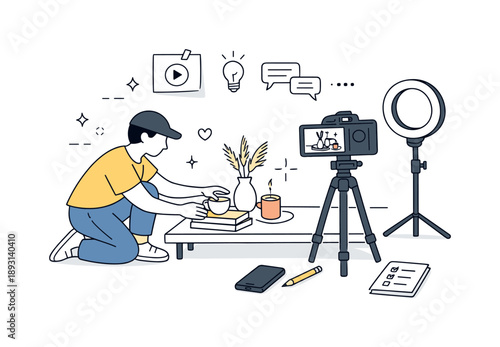 Content Creation Setup. Behind-the-scenes content creation. Person arranging props or setting up camera angles for a video or story post. Calm editorial moment