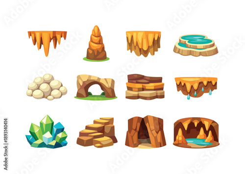 Vibrant Limestone Cave Icons. Limestone caves. Colorful flat vector icons set of limestone caves: stalactite cluster, stalagmite pillar, flowstone sheet,