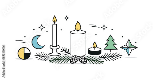 Winter Solstice Decor. Winter solstice table decor. A minimalist table setting with candles, pine branches, and simple symbolic shapes. Peaceful ceremonial